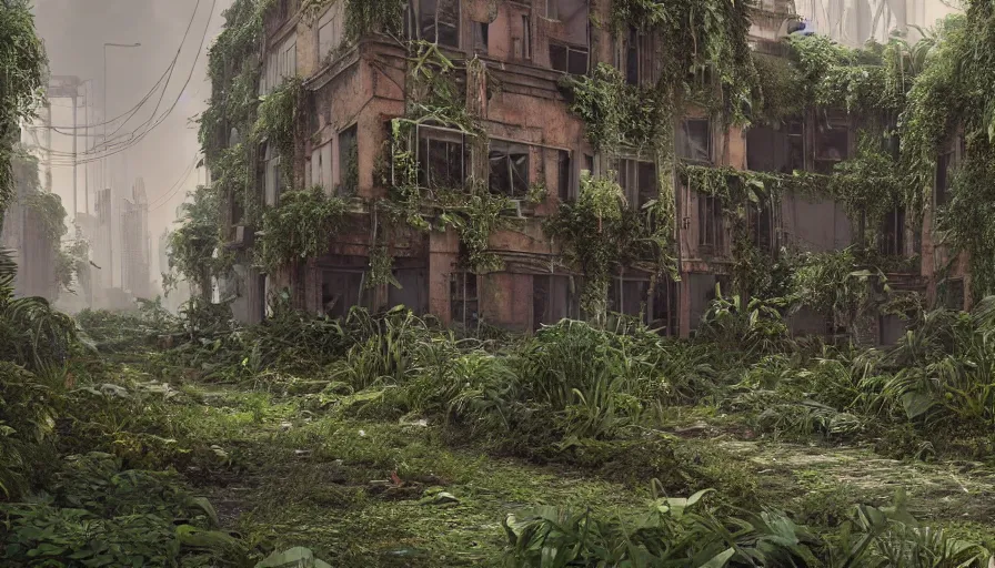 Image similar to Abandoned Building Overgrown by beautiful plants, Dystopian Slum, Hyperrealism, Hyperdetailed, Intricate Details, Anamorphic Lens, Cinematic Lighting, Volumetric Lights, Raytracing Reflections, Unreal Engine 5