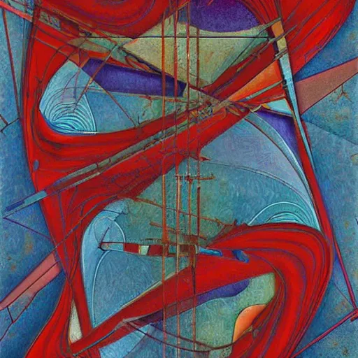 Prompt: the brittle. digital painting, vertical, intricate, beautiful, detailed, grunge, illustration, abstract art by georgia o'keeffe and el lissitzky and malevich and mucha, trending on artstation. blue, dark red and dark purple color scheme, gradient darker to bottom