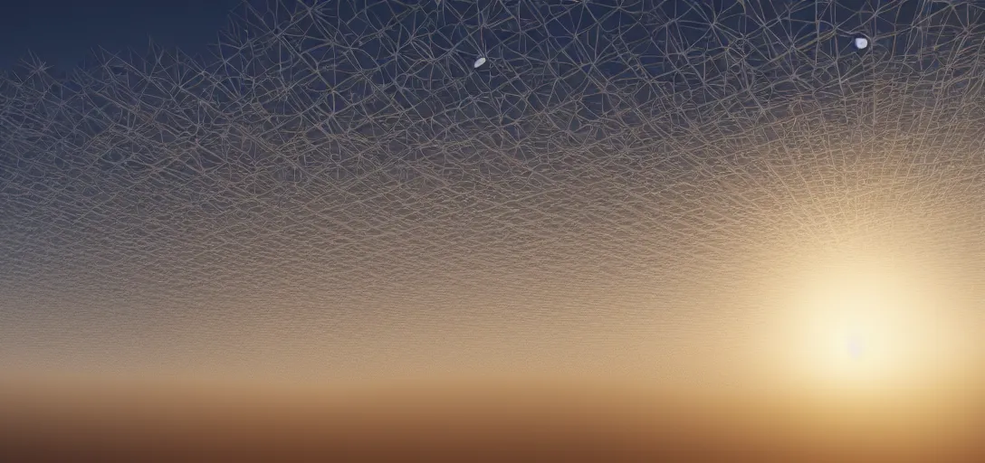 Image similar to an amazingly stunning picture of a transparent crystal structure floating high up in the sky over a desert, entrapping the souls that got lost in the desert, intricate detail, sunset, serene, volumetric lighting, volumetric clouds, 8 k, photorealistic, digital art trending on artstation