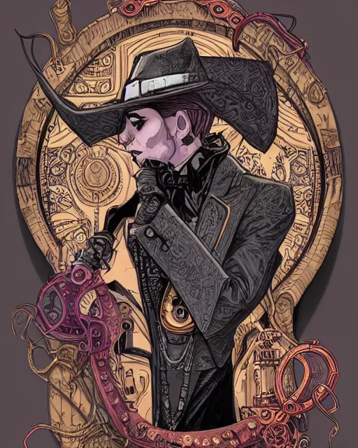 Prompt: a detailed portrait illustration of a steampunk wizard. art nouveau, pop art, comic book style. influenced by neil gaiman, h. p. lovecraft, ross tran, osborne macharia, killian eng.