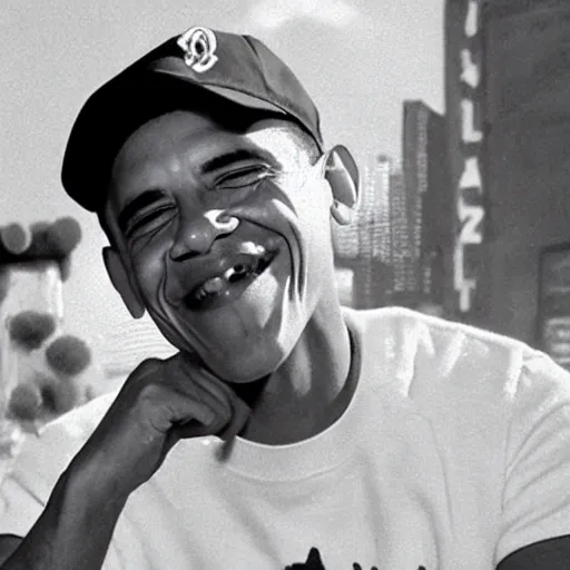 Prompt: riverdale still of obama wearing suspenders, a white varsity sweater with a varsity letter r, and a propeller cap, cap with a propeller on it, 1 9 5 0 s