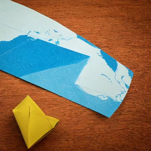 Prompt: A paper boat on the Pacific Ocean, slightly showing the continent behind it, realistic