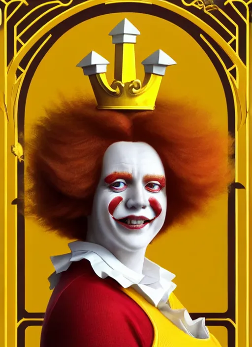 Prompt: close up portrait of ronald mcdonald, yellow jumper with white collar, chicken mcnuggets throne room by artgerm, cushart krenz, greg rutkowski, mucha. art nouveau. gloomhaven, golden arches logo, pale colors, sharp edges. ultra clear detailed. 8 k. elegant, intricate, octane render