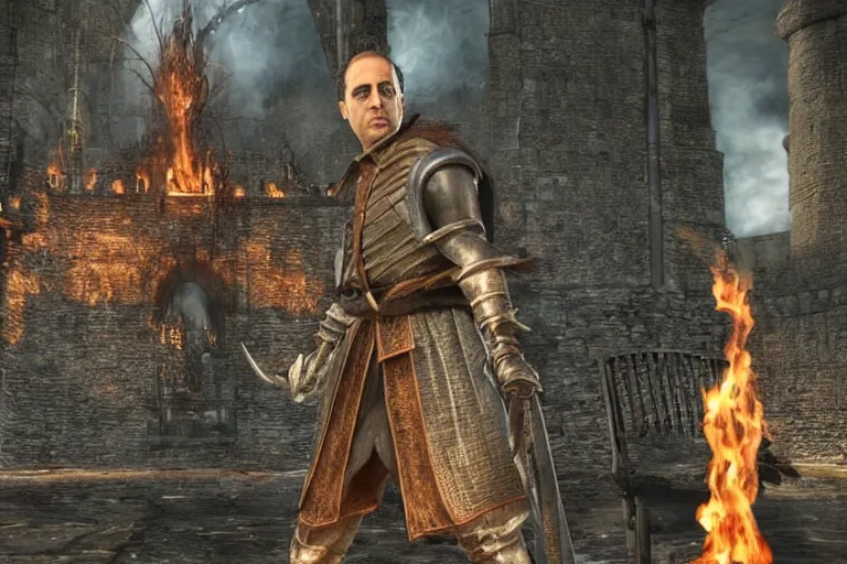 Prompt: jerry seinfeld standing in firelink shrine from dark souls