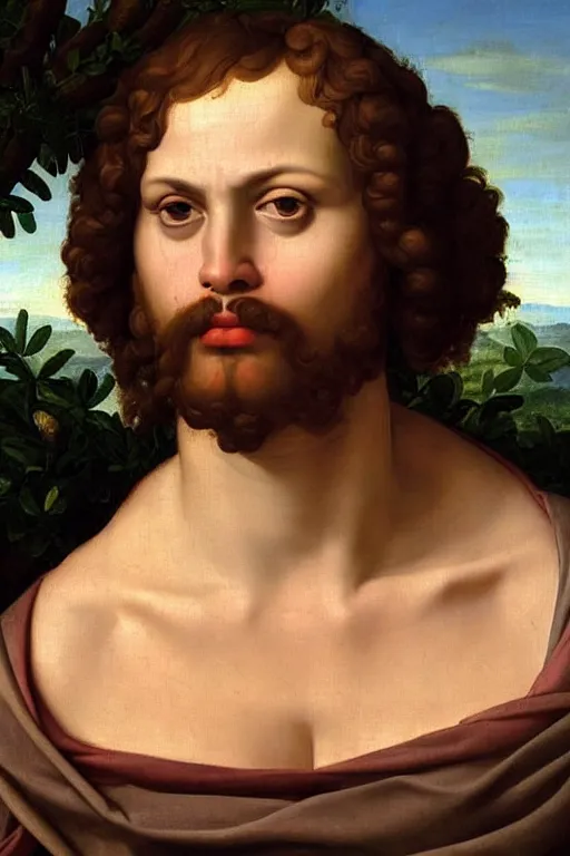 Prompt: renaissance painting of man, portrait, suspicious face closeup, emotions closeup, dressed in roman clothes, the beautiful garden with blueberries bushes everywhere, ultra detailed, art by guido reni style, vincenzo catena style