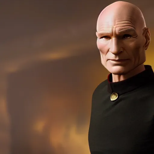 Image similar to captain picard with long hair on his head, hyperrealistic, dynamic lighting