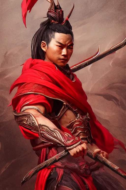 Image similar to a masterpiece portrait of nezha, red cloth around his shoulders, hold spear, cinematic, fantasy character portrait, highly detailed, by ne zha ( 2 0 1 9 ), fenghua zhong,