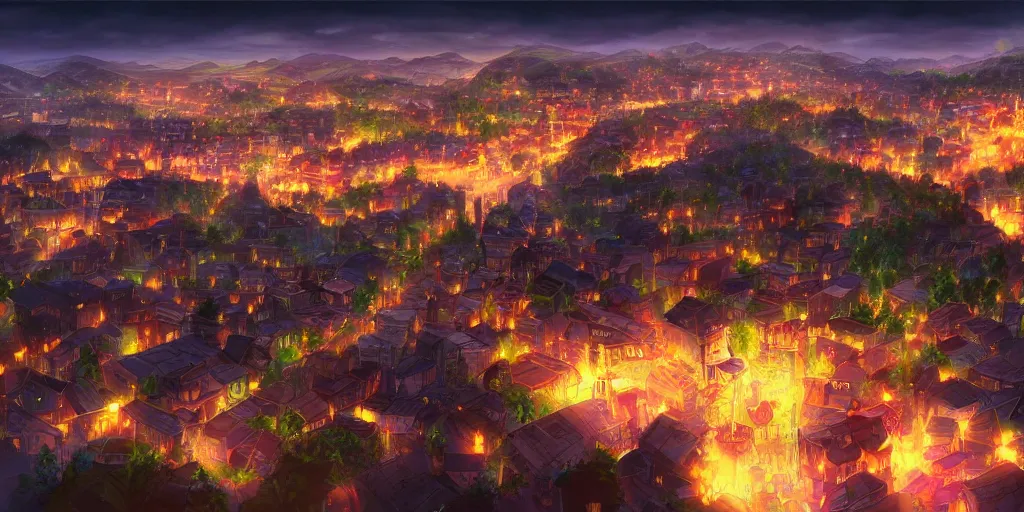 Image similar to beautiful night view of a town from a hill, award - winning digital art, anime