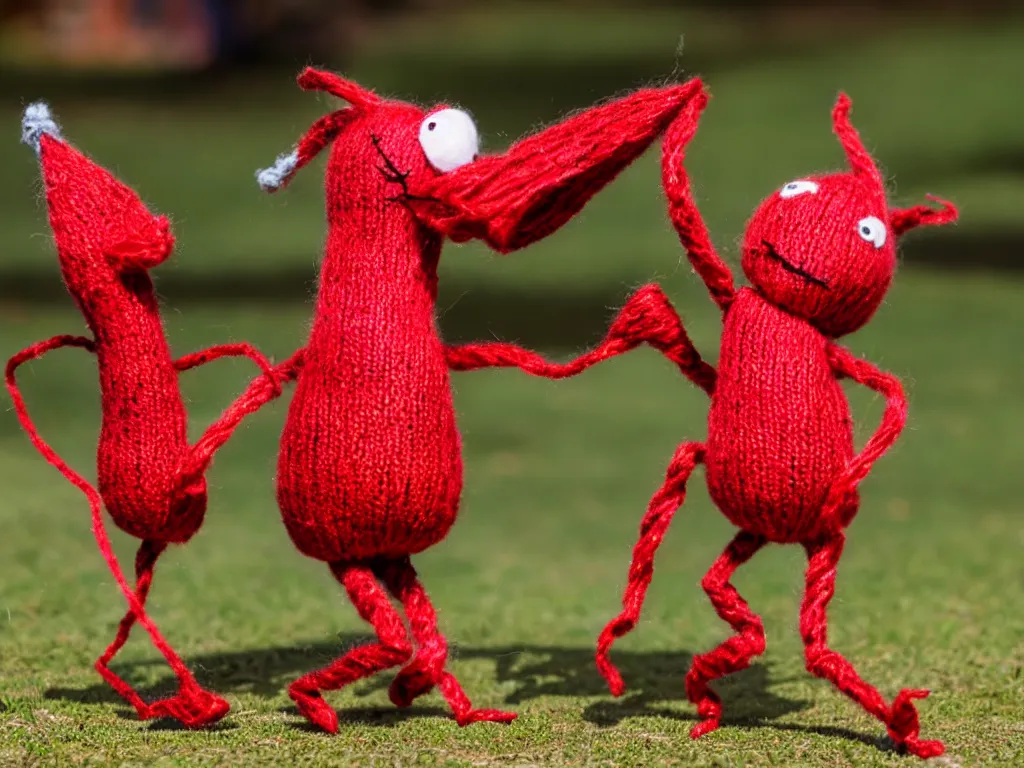 Prompt: a red yarny dancing on a lead