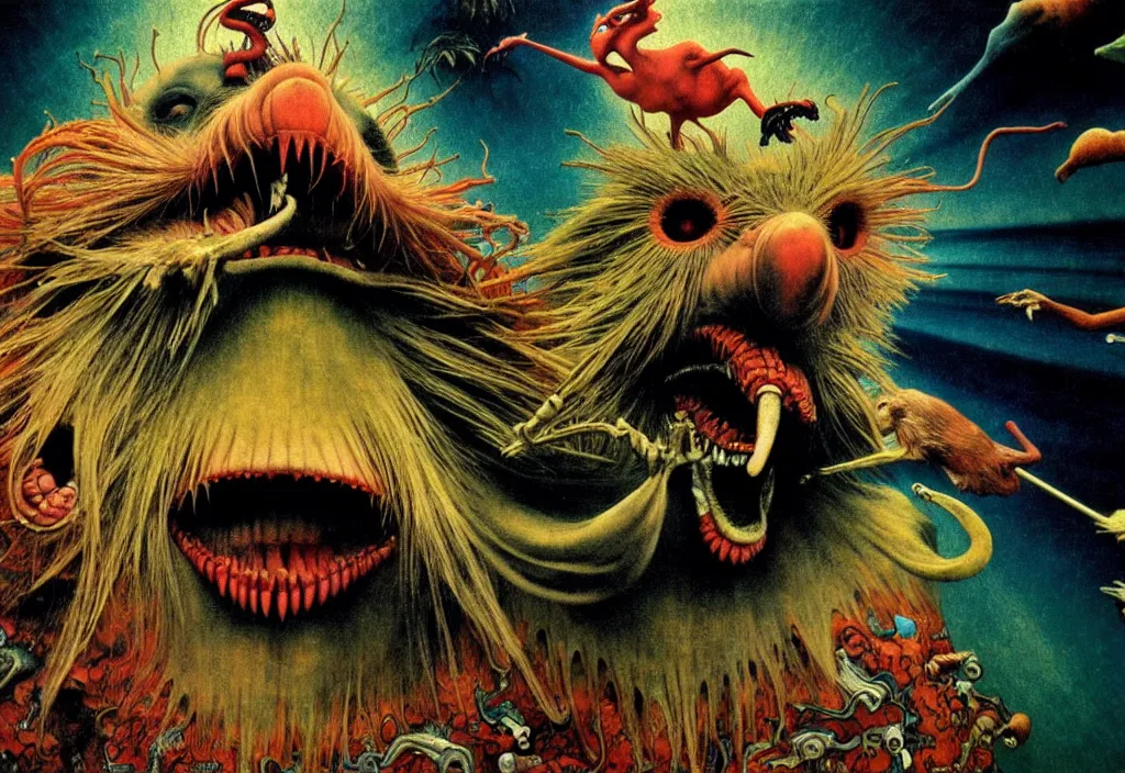 Image similar to realistic detailed portrait movie still of a screaming birdman wearing black robes, sci fi landscape background by denis villeneuve, amano, yves tanguy, alphonse mucha, max ernst, ernst haeckel, roger dean, masterpiece, rich moody colours, snarling dog teeth