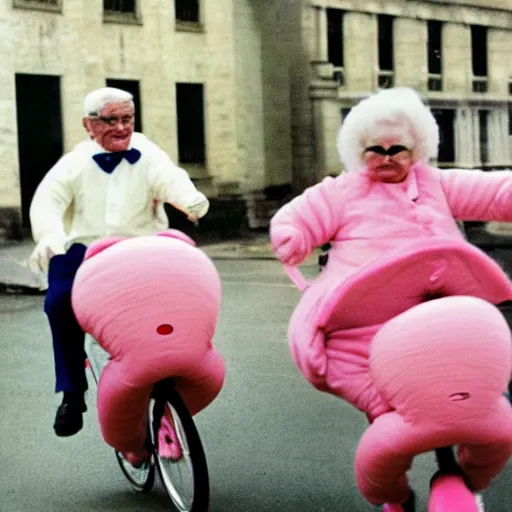 Image similar to a martin parr photo of a grandpa couple, wearing michelin man white body costumes, going super fast on a pink pig, 1 9 7 0 s kodachrome colour photo, flash on camera,