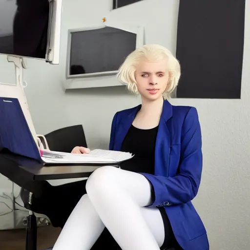 Image similar to 19-year-old Aristocratic platinum-blonde-haired hime-cut blue-eyed French empress wearing white leggings and black jacket, sitting in office, cchatting with communist officer, futuristic gadgets, HD photograph