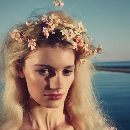 Prompt: vintage photograph of an olive skinned blonde female model in her twenties looking down, her hair pinned up with flowers, wearing a designer top, looking content, focused on her neck, photo realistic, extreme detail skin, natural beauty, no filter, slr, golden hour, 8 k, high definition, selfie