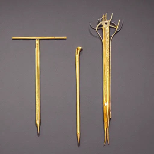 Prompt: polished gold surgical instruments designed in the style of body horror