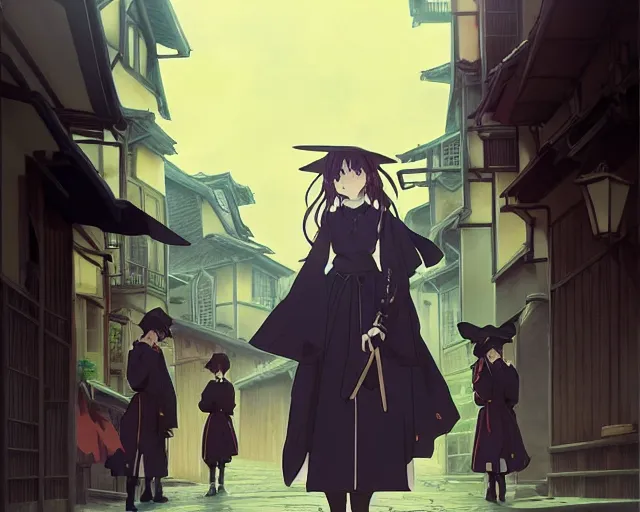 Image similar to kyoto animation, moody, key anime visual portrait of a young female witch walking through a busy medieval village, dynamic pose, dynamic perspective, cinematic, dramatic lighting, muted colors, detailed silhouette, textured, anime proportions, alphonse mucha, perfect anime face, ilya kuvshinov, yoh yoshinari, takashi murakami