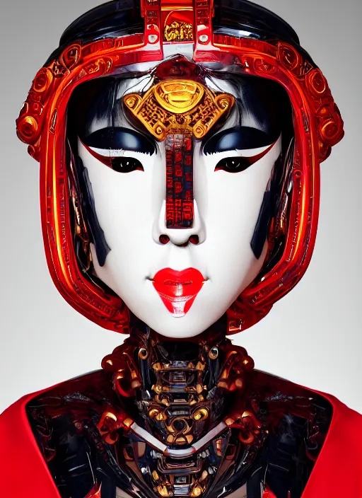 Image similar to portrait of a stylish futuristic geisha cyborg, with a red kimono with japanese golden signs written on it, kintsugi, modern fine art, fractal, intricate, elegant, highly detailed, digital photography, subsurface scattering, in the style of ghost, by yue minjun and greg rutkowski,