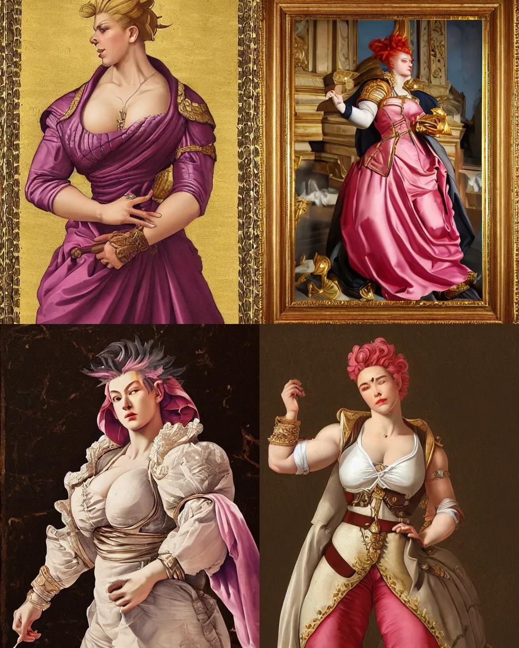 Prompt: Detailed Baroque painting of Zarya from overwatch as an elegant noblewoman, brocade dress, style of giotto and jc leyendecker, intricate, soft lighting, big wide broad strong physique |