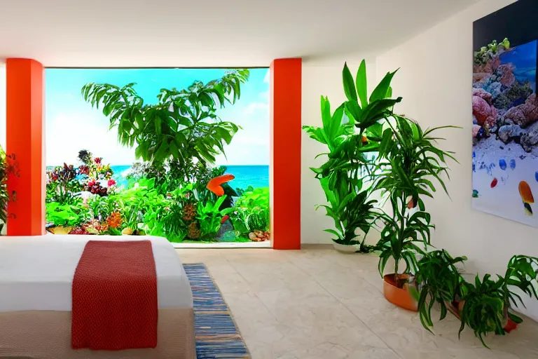 Image similar to a room of a villa with orange walls white floor plants, colorful aquarium, a big window with a view of the beach and sea, beautiful cinematic masterpiece very detailed