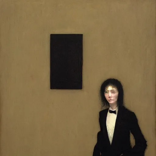 Prompt: portrait of young female with pale white skin and short black hairs in tuxedo suit , full body, painting by Beksinski