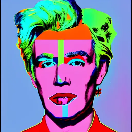 Image similar to An extremely psychedelic portrait of Andy Warhol, surreal, LSD, face, detailed, intricate, elegant, lithe, highly detailed, digital painting, artstation, concept art, smooth, sharp focus, illustration