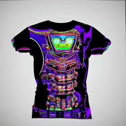 Prompt: tshirt with a hyperdetailed portrait of a futuristic trippy smiling robot head, 8 k, symetrical, flourescent colors, halluzinogenic, multicolored tshirt art,