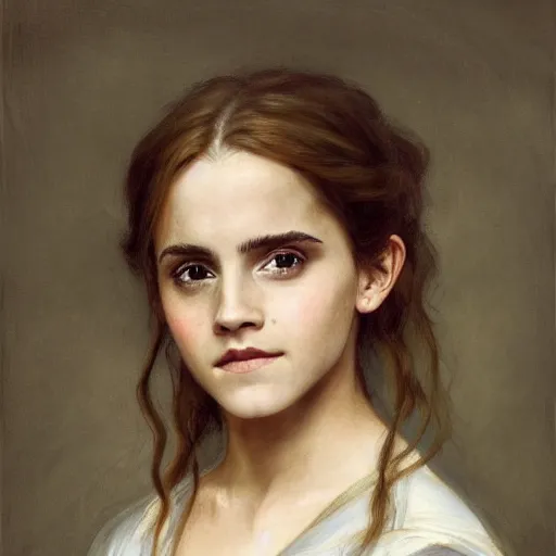 Prompt: Painting of Emma Watson as Hermione Granger. Green eyes. Art by william adolphe bouguereau. At night time. Extremely detailed. Beautiful. 4K. Award winning.