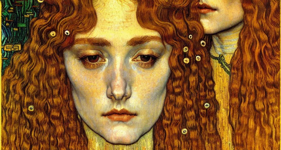 Image similar to detailed realistic beautiful young medieval queen face portrait by jean delville, gustav klimt and vincent van gogh, art nouveau, symbolist, visionary, gothic, pre - raphaelite, muted earthy colors, desaturated