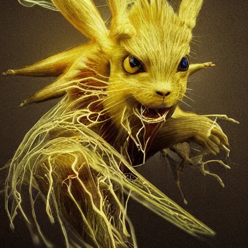 Image similar to portrait of Pikachu as a demonic creature with translucent skin, visible muscles and veins and arteries and bones and spines and nerves, beautiful detailed intricate insanely detailed octane render, 8k artistic photography, photorealistic, chiaroscuro, by David Cronenberg, Raphael, Caravaggio