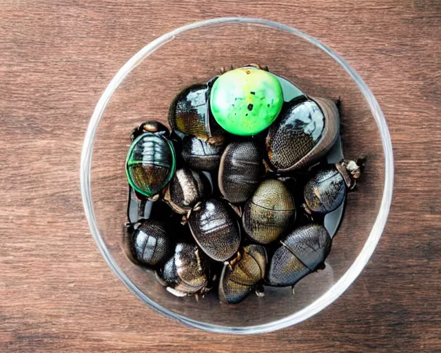 Prompt: glass bowl full of dung beetles on a table