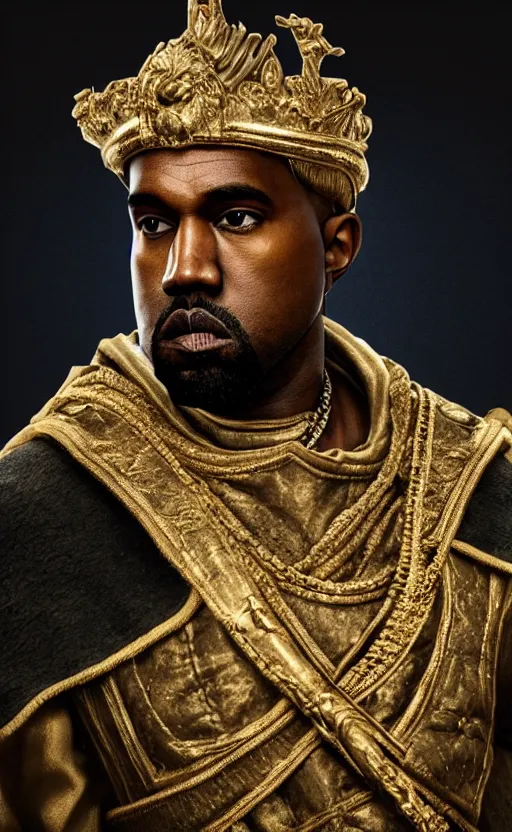 Image similar to Portrait of Kanye West as Emperor Napoleon in Skyrim, splash art, movie still, cinematic lighting, dramatic, octane render, long lens, shallow depth of field, bokeh, anamorphic lens flare, 8k, hyper detailed, 35mm film grain