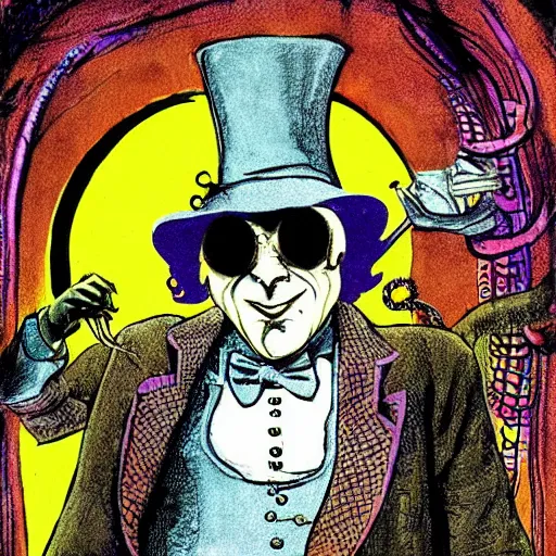 Prompt: graphic illustration, creative design, willy wonka as cthulhu, biopunk, by ralph steadman, francis bacon, hunter s thompson, highly detailed, concept art