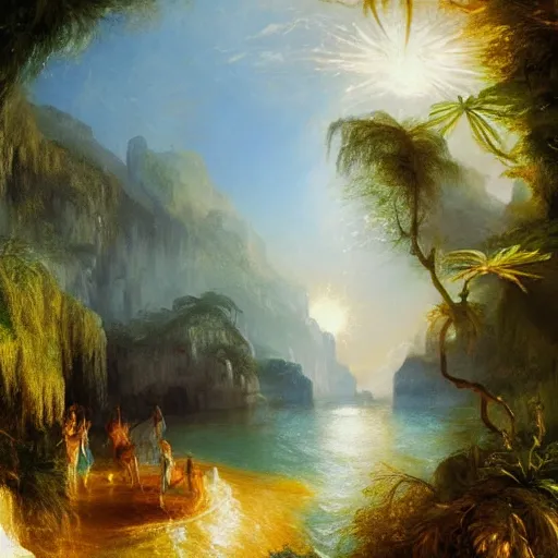 Image similar to Detailed exterior of sunny island, sparkling cove, epic light, sparkling cove, tropical landscape, lush vegetation, bamboo huts, In style of Peter Mohrbacher, art of J.M.W. Turner