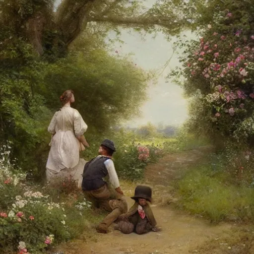 Image similar to remove people. no people. no figures. jean-Baptiste Monge and Solomon Joseph Solomon and Richard Schmid and Jeremy Lipking victorian genre painting portrait painting of an english country cottage with a stone path and flower garden