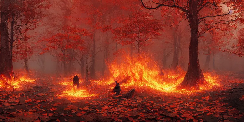 Prompt: A flaming forest , flaming leaves,Magma,flame stones are scattered, flame shrubs, covered in flame porcelain vine, artstation,by Jakub Rozalski, Greg Rutkowski,anthony avon