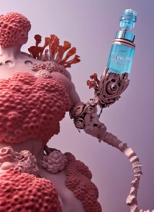 Image similar to biomechanical corals, daisies, roses in sea foam water, well contoured smooth fair walls with marble statue, carrying a bottle of perfume, up close shot, sharp focus, global illumination, radiant light, alexandre ferra white mecha, irakli nadar, octane highly render, 4 k, ultra hd,