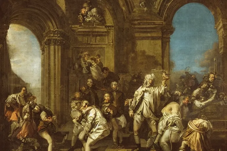 Prompt: you're a rockstar with a bulbous tongue, a francesco guardi detailed painting standing between archways to opposite dimensions, calluses build up to the steps of the gods