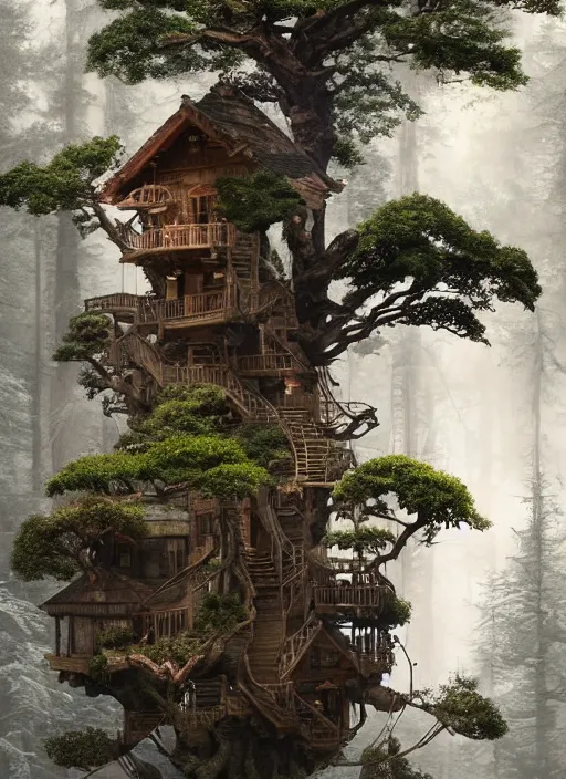 Image similar to beautiful mutlilevel wooden tree house tower in a gnarly bonsai in a ancient forrest, tree house city, ropes, dynamic lighting, cinematic, establishing shot, extremly high detail, foto realistic, cinematic lighting, post processed, concept art, artstation, matte painting, style by ghibli, myazaki