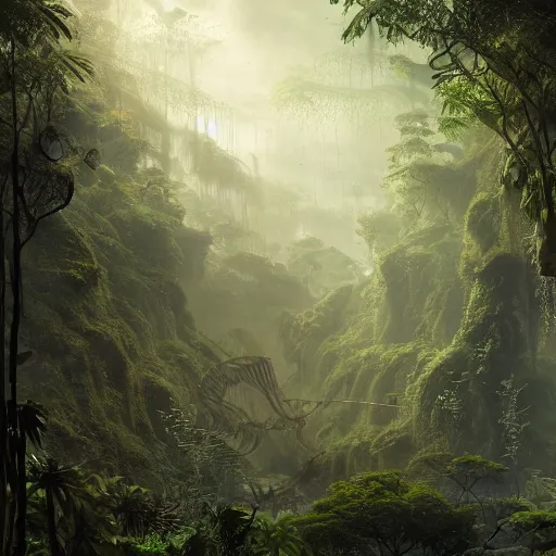 Image similar to cinematic shot of a sci-fi jungle made of trees and animals digital painting, artstation, concept art, soft light, hdri, smooth, sharp focus, illustration, fantasy, intricate, elegant, highly detailed, D&D, matte painting, in the style of Greg Rutkowski and Alphonse Mucha and artemisia, 8k, highly detailed, jurgens, rutkowski, bouguereau, pastoral, rustic, georgic