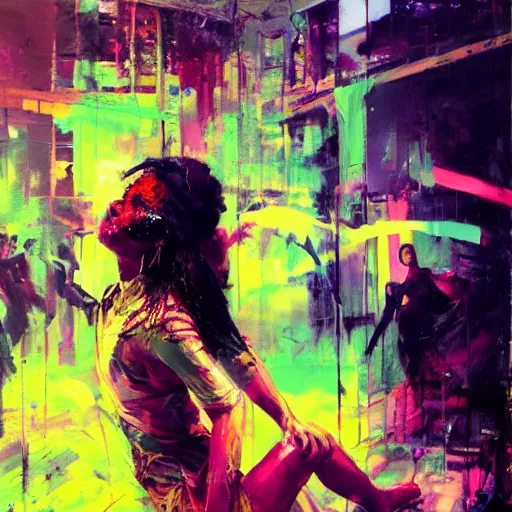 Prompt: portrait of sexy people dancing, ecstatic, intense, techno party, tropical colors, utopia, moody, by by greg rutkowski, by jeremy mann, by francoise nielly