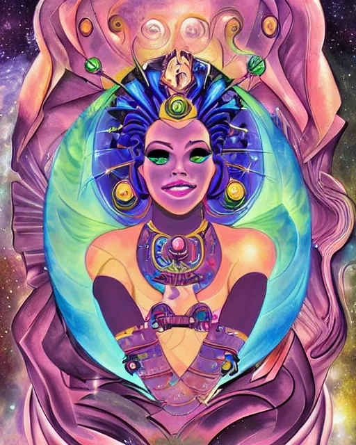 Image similar to the cosmic space goddess of evolution, beautiful digital painting in the style of Jack Kirby (1968), and don bluth, sharp details, intricate detail, crackling energy, quirky expression