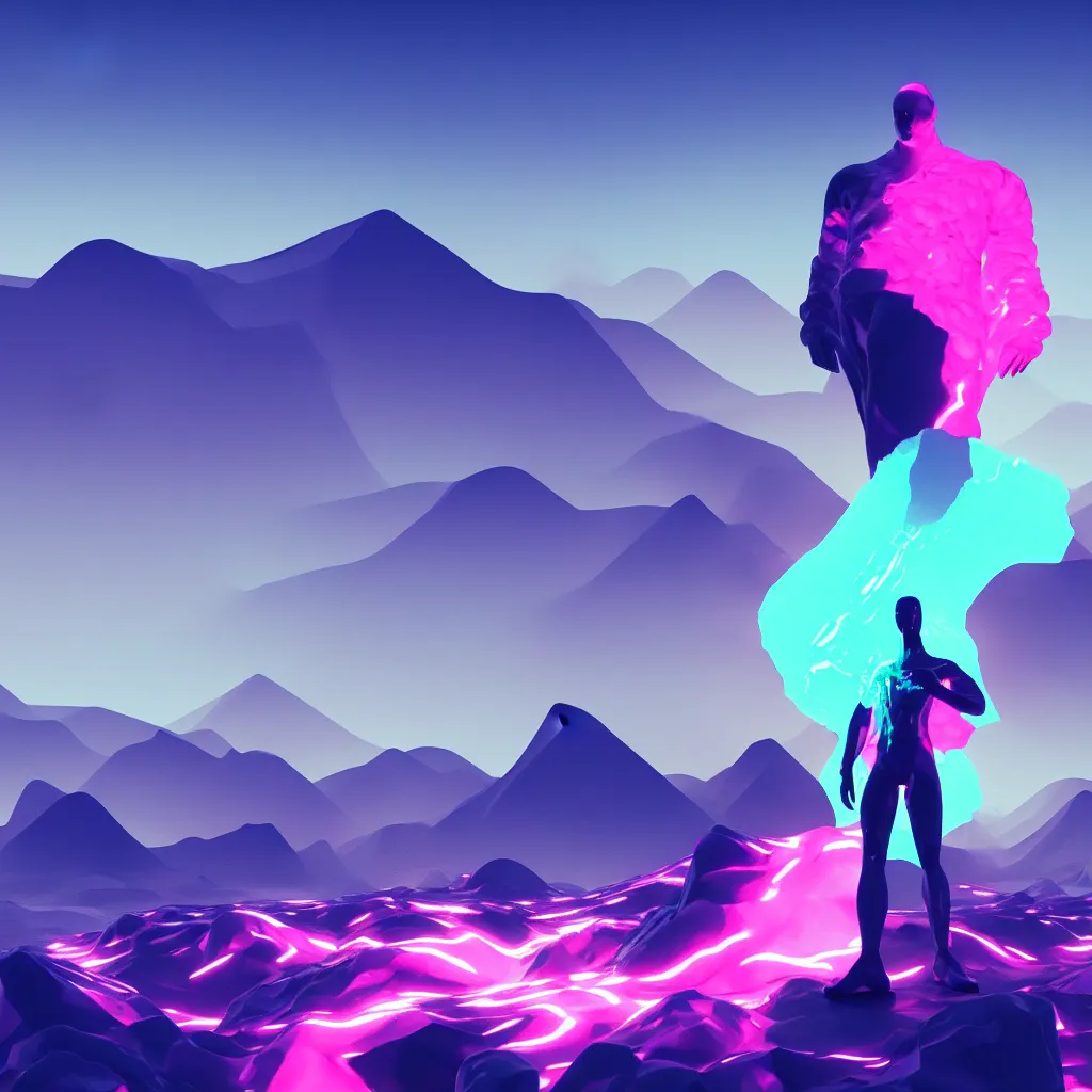 Image similar to manikin made of marble, fractal neon explosion revealing a portal to a vaporwave paracosm, mountains and city in background, rule of thirds, clean linework, dramatic, moody, introspective, cinematic, award winning, 4 k, trending on artstation, photorealistic, volumetric lighting, octane render