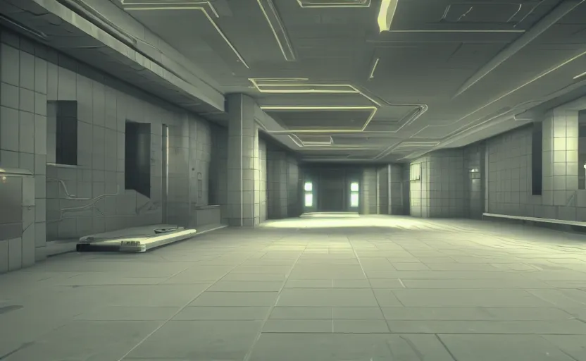 Image similar to screenshot of a game on unreal engine 5, narrow modern hallways of a secret government facility, photorealistic, liminal, retrofuturism, minimalism, soft vintage glow