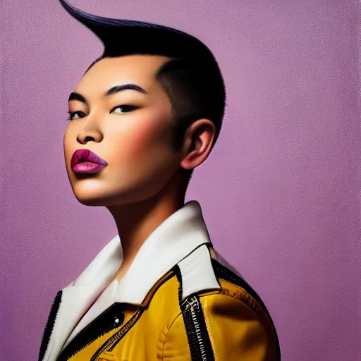 Prompt: three quarter close up portrait painting of a young asian woman with a mohawk haircut, wearing a leather jacket, purple lips, white backdrop by kehinde wiley, kadir nelson