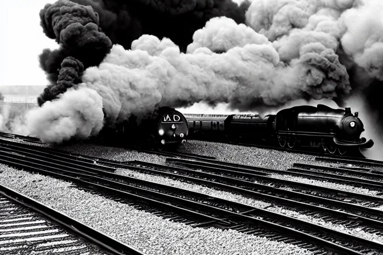 Image similar to black and white photograph of lner a 4 mallard thundering down the rails at high speed, black smoke coming from the locomotive, cinematic, volumetric light, f 6 aperture, cinematic eastman 5 3 8 4 film