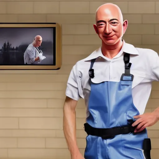 Image similar to 8k hyper realistic HDR photo of janitor with Jeff Bezos face