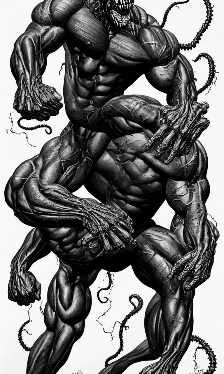 Image similar to legs and feets study of hyper realist full body long shot portrait of bodybuilder venom from marvel comics!!!!, large mouth with teeth, large tongue, lovecraftian horror!!, fantasy, intricate, elegant, highly detailed, digital painting, artstation, concept art, matte, sharp focus, illustration, art by glenn fabry and giger