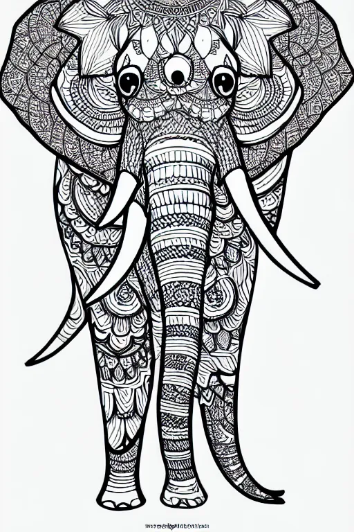 Prompt: elephant ornaments fractal ink drawing line art colouring page
