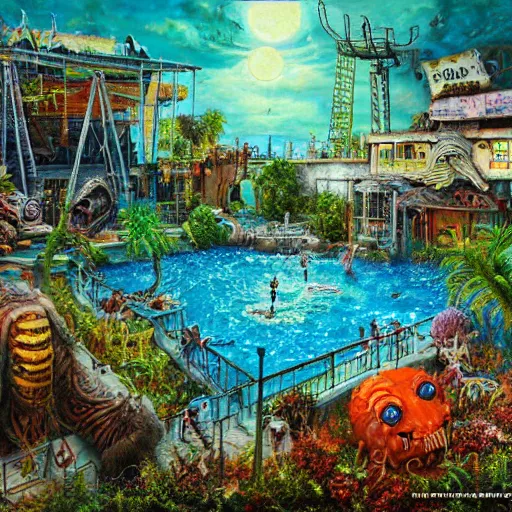 Image similar to the swimming pool of terror, on ancient post - apocalyptic planet, jim henson creature shop, vivid and colorful, thomas kincaid, cinematic, oil painting, highly detailed, illustration