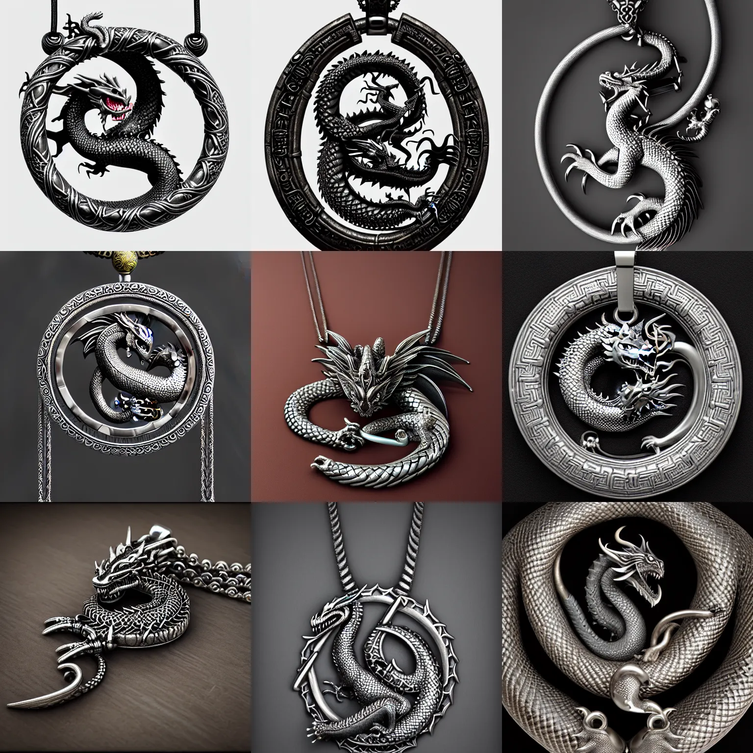 Prompt: Necklace with amulet of a dragon eating his tail, ouroboros, shiny polished metal, intricate insanely detailed octane render, high contrast, metalsmith masterpiece, perspective product shot