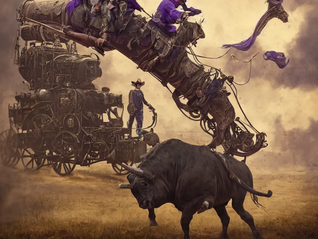 Image similar to cowboy snake oil salesman in purple green medieval armour riding a locomotive steam bull with dollar bill print skin, by Greg Rutkowski, 8K, hyper detailed, realistic, by onesal, by sixnfive , behance 3d , studio photography DSLR, Photoreal epic composition